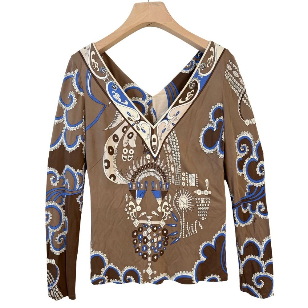 Emilio Pucci Brown, Blue & Cream Long Sleeve V‑Neck Printed Blouse
